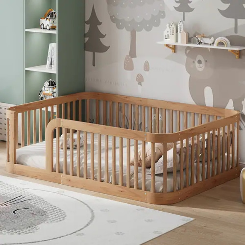 Floor Bed Frame with Fence, Montessori Toddler Bed, No Slats, No Doors, Rounded Corners Wooden Bed - On Sale - Bed Bath & Beyond - 43265175