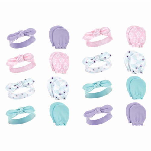Hudson Baby Infant Girl 16Pc Headband and Scratch Mitten Set, Peacock, 0-6 Months