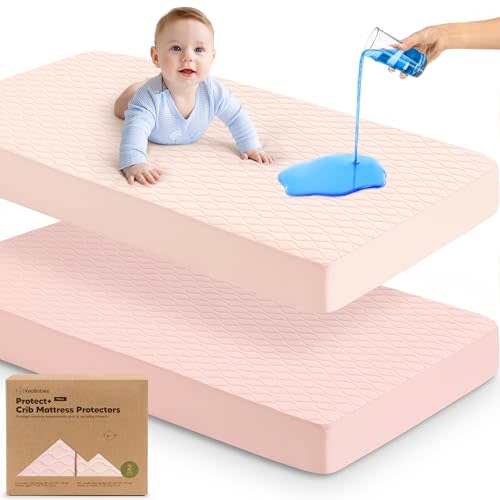2-Pack Waterproof Crib Mattress Protector Cover Fitted - Quiet Baby Crib Mattress Pad Sheets, 52" x 28" Soft Quilted Cotton Baby Sheet, Machine Washable, Easy Fit, Durable (Mist Rose/Mavy)