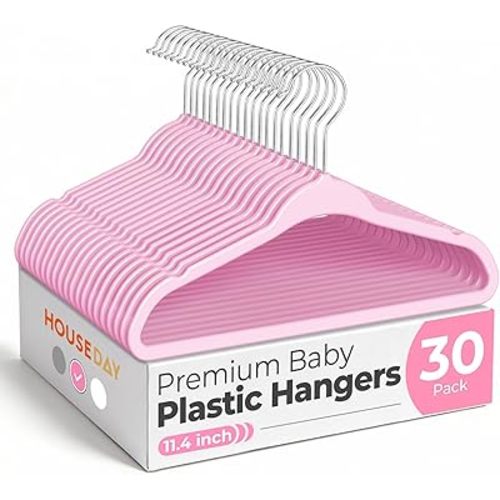 HOUSE DAY 11.4 Inch Baby Hangers 30 Pack - Plastic Kids Hangers Space Saving Thin Profile, Children Closet Organizers with Rotatable Hook of 360°, Heavy Duty for Toddler Clothes Nursery - Pink