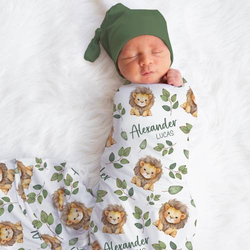 Personalized Lion Swaddle Blanket Safari Name Baby Blanket Newborn Baby Boy Coming Home Outfit Hospital Photo Outfit Baby Shower Gift