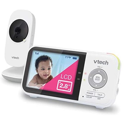 VTech VM819 Video Baby Monitor with 19Hour Battery Life 1000ft Long Range Auto Night Vision 2.8” Screen 2Way Audio Talk Temperature Sensor Power Saving Mode and Lullabies, White