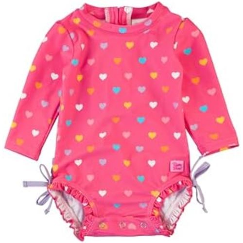 RuffleButts Baby Girls UPF 50+ Sun Protection Polka Dot Long Sleeve One Piece Rash Guard Swimsuit with Zipper