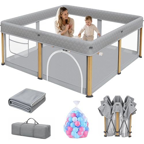 TOREVSIOR Baby Playpen, 50 x 50 inches, Portable Play Yard with Carry Bag Foldable Design, Gray