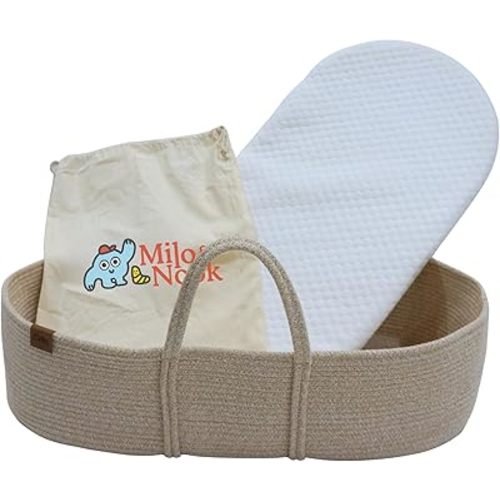 Milo & Nook Baby Changing Basket with Pad – Soft Cotton Moses Basket, Waterproof Liner & Soft Cover, Portable Changing Basket for Newborn Nursery, Machine-Washable Cover