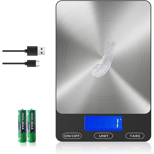 Food Scale -33lb Digital Kitchen Scale for Food Ounces Grams Rechargeable 304 Stainless Steel,Batteries and Type-C Charging | Perfect for Meal Prep, Cooking, and Baking, Black