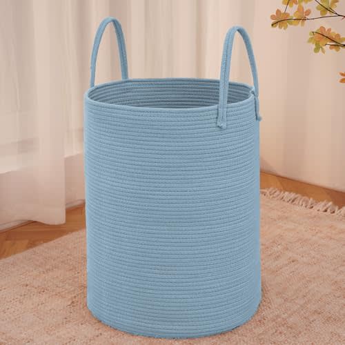 JMvicyroam 100L Cotton Rope Laundry Basket Hamper, Blue | Collapsible laundry basket, reinforced handles, freestanding, machine washable, holds 3-5 thick blankets, clothes or toys