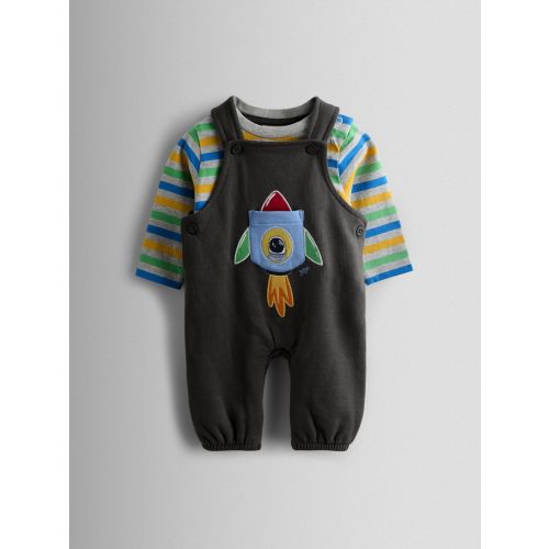 JoJo Maman Bébé Charcoal Grey Rocket 2-Piece Turn Up Dungarees & Top Set