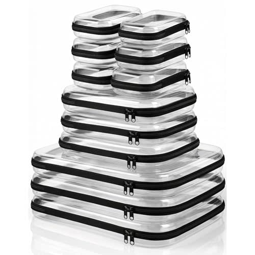 12 Pack Clear Hard Shell Zipper Case with 40 Labels, X-Large/Medium/Small Stackable Clear Pouches, Crush-resistant Travel Toiletry Bag Organizer for Makeup Board Games Electronics (Black)