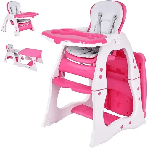 Costzon Baby High Chair, 3 in 1 Infant Table and Chair Set, Convertible Booster Seat with 3-Position Adjustable Feeding Tray, Adjustable Seat Back, 5-Point Harness (Pink)
