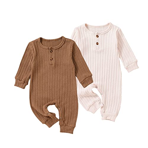 BeiVSlley Newborn Baby Boy Girl 2 Pack Button Solid Romper Infant Long sleeve Knit Cotton Footless Outfits Clothes