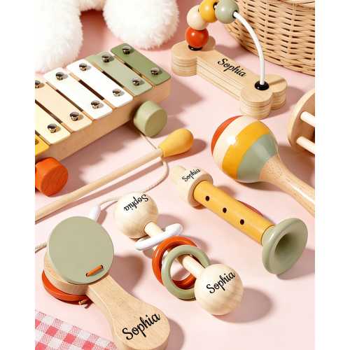 Personalized Wooden Baby Musical Toy Set, Custom Name Montessori Instrument Kit, 7pcs Toddler Music Rattles, Birthday & Baby Shower Gift