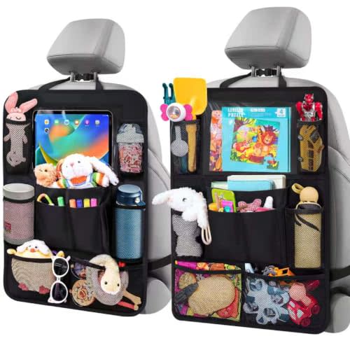 ULEEKA Car Backseat Organizer with 10" Table Holder, 9 Storage Pockets Seat Back Protectors Kick Mats for Kids Toddlers, Travel Accessories, 2 Pack (Black)