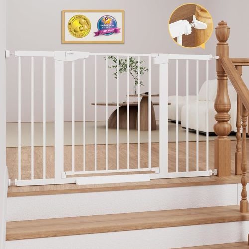 Cumbor 29.7-51.5 in Extra Wide Baby Gate for Stairs, Dog Gate Indoor White | Mom's Choice Awards Winner, Auto Close with Double Lock for Doorways, Child Gate for Toddlers & Pets, Pressure Mounted
