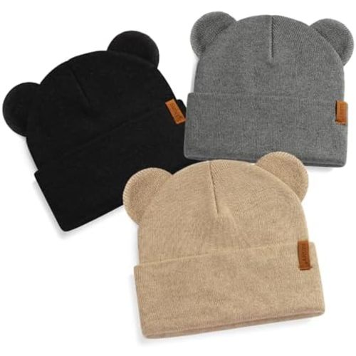 DANMY Baby Beanie Warm Winter Hat with Bear Ear for Infant Toddler Boys Girls Child Soft Knitted Skull Cap 0-6 Months