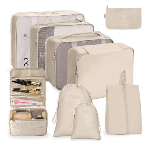 DAKOMM Packing Cubes 9 Sets, Travel Luggage Organizer Set with Hanging Toiletry Bag & Shoe Bag, Mesh Suitcase Essentials, Vacation Storage for Men Women, Beige