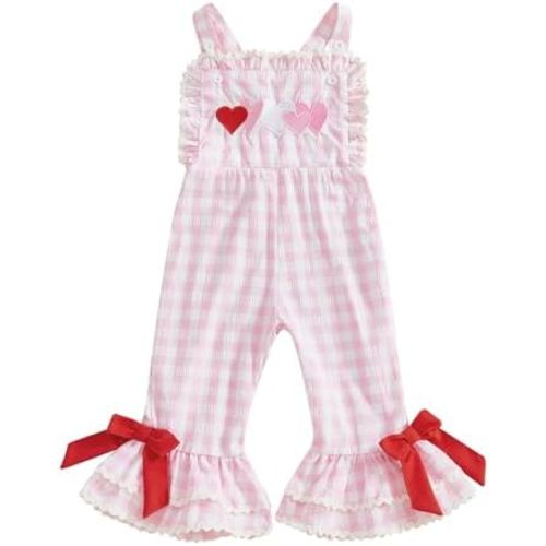 Toddler Baby Girl Valentiens Outfit Love Heart Romper Long Flared Jumpsuit Valentines Day Overalls 0-7 Years Old