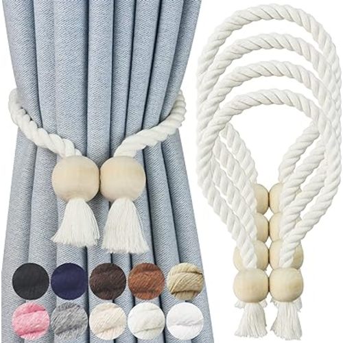 4 Pack Magnetic Curtain Tiebacks Cotton Hand Woven Tie Back Decorative Rope Holdbacks for Curtains Draperies No Tools Required, Cream