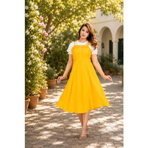 Yellow Dungaree Midi Dress with White Puff Sleeves – Handmade Rayon Fabric, Button Detail