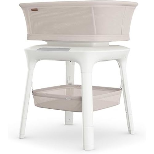 UPPAbaby Soma Smart Bassinet – 5 motions + 5 speeds + 4 Sounds with MotionSync Technology – Height Adjustable – Included Mattress, Sheet + Storage Basket – Charlie (Sand Mélange)