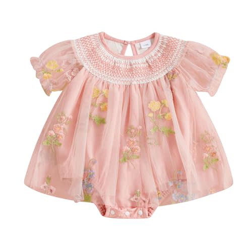MAINESAKA Smocked Baby Girl Tulle Romper Dress Floral Embroidery Butterfly Wings Fairy Bubble Romper Bodysuit Summer Clothes