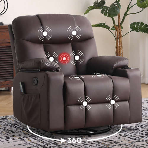 Canmov PU Leather 40-in Swivel Rocker Recliner Chair with Heated and Massage Single Sofa with 2 Cup Holders for Living Room Bedroom