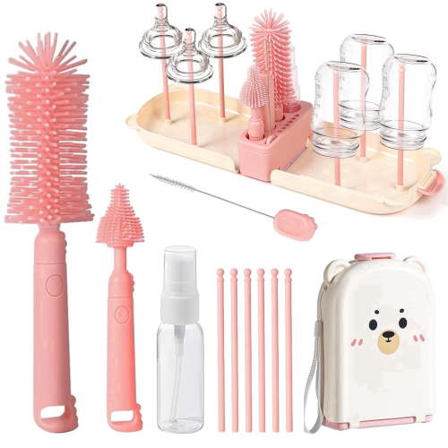 Fkszll Travel Baby Bottle Cleaner Kit with Soap Dispenser, Silicone Brush & Drying Rack, Pink