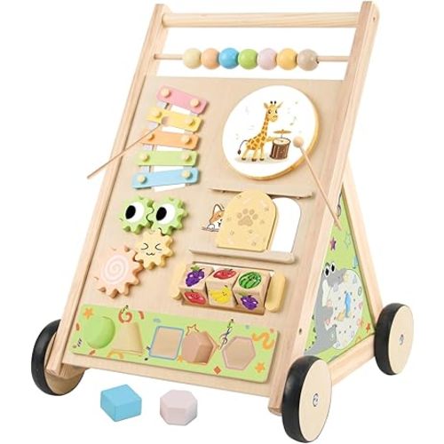 Wooden Baby Walker with Wheels Push Walker for Babies 6-12 Months Toddlers Montessori Walking Toys for 1 Year Old Learning to Walk Activity Center for 12-18 Months Boys Girls Gifts Color Sorting Toys