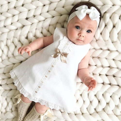 Odeerbi Infant Dress Toddler Girls Cute Dress Solid Color Lace Dress Round Collar Short Sleeve Dress with Bow Scarf Suit Baby Clothes White