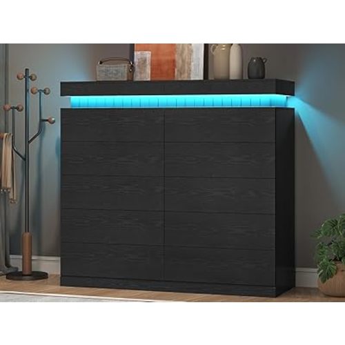 UPOSOJA Tall Black 12 Dresser for Bedroom, Sliding Top Storage Space, Modern Wood Drawers with LED Light and Power Outlet, Large Chest of Drawer for Living Room, Hallway, Entryway (12 Drawers,Black)