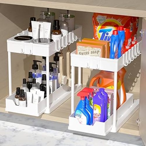 mosala Under Sink Organizers and Storage 2 Pack - 2 Tier Sliding Bathroom Cabinet Organizer with Hooks - Multi-Purpose Under The Sink Organizer Kitchen - White