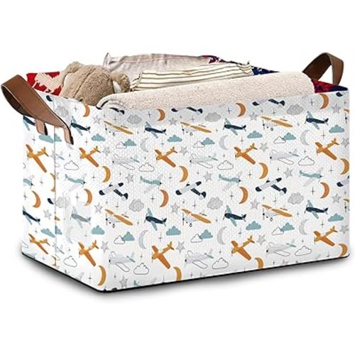 Aviation Themed Storage Basket Large 17x11.5x10.5 Inche-Collapsible Fabric Organizer Bin with Handles for Boys Room, Travel Decor, Toys-Decorative Hamper with Colorful Airplane Silhouettes-Single Pack