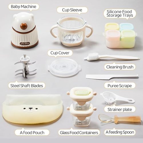 Baby Food Maker Set with 316 Steel Blades & Glass Bowl, White Baby Food Blender with A Feeding Spoon, A Bib, 4 Separate Food Ice Cube Trays and Two 7oz Food Storage