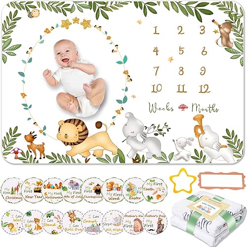 Baby Monthly Milestone Blanket, 60" x 40" Soft Flannel Blanket, 1-12 Months Growth Chart, Includes 8 Milestone Cards (16 Growth Markers), Photography Backdrop Photo Prop for Newborn