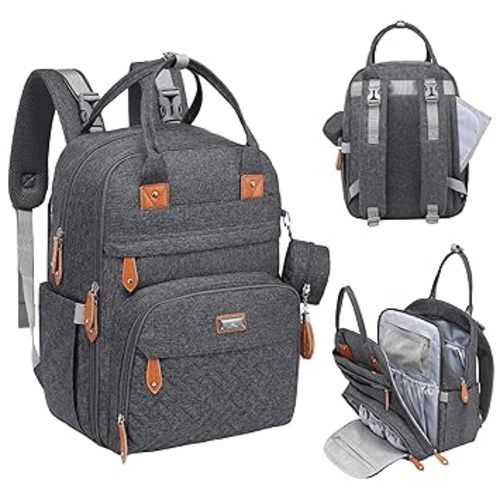 BabbleRoo Diaper Bag Backpack - Baby Essentials Travel Tote - Multi Function Water Resistant Diaper Bag, Travel Essentials Baby Bag with Changing Pad, Stroller Straps & Pacifier Case - Dark Gray