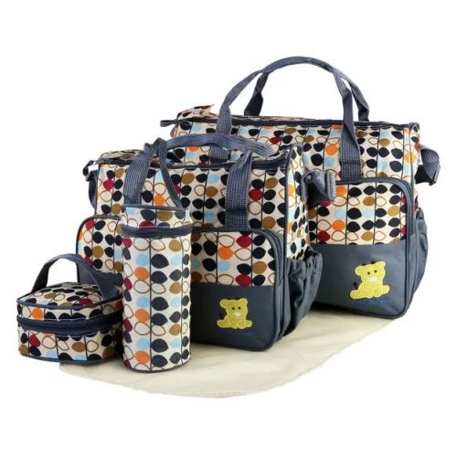 5-Piece Baby Diaper Bag Set, Water-Resistant Mommy Tote with Insulated Bottle Holder, Polka Dot, Grey