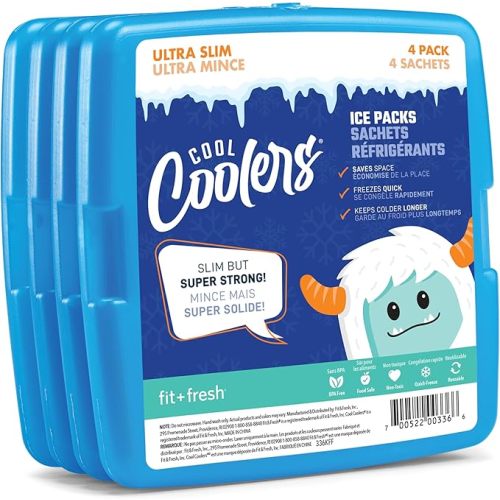 Cool Coolers by Fit + Fresh, 4 Pack Slim Ice Packs, Space Saving Reusable Ice Packs for Lunch Boxes or Coolers
