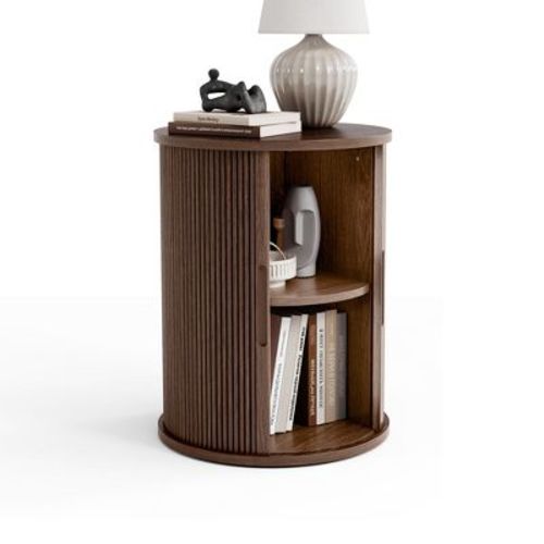 LINSY HOME Round End Table, Fluted Side Table with Sliding Door, Mid Century Modern Nightstand, Wood Boho Tall Bedside Table for Small Space, Walnut