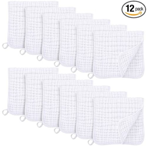 Unnivoll Muslin Burp Cloths for Baby 100% Cotton Burping Cloths for Boys Girls Large 20''X10'' Extra Soft and Absorbent 12 Pack - White