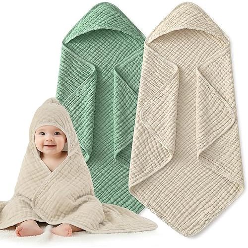 Hooded Baby Bath Towels for Newborn, 2 Pack - 6-Layer 100% Muslin Cotton, Soft Absorbent Baby Towels with Hood for Babies, Infants & Toddlers, Large 32x32 Inch Unisex Newborn Baby Bath Essentials
