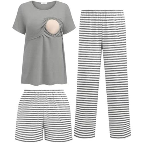 Ekouaer 3 Piece Postpartum Nursing Pajamas Set Short Sleeve Breastfeeding Shirts Pregnancy Shorts & Pants Maternity Pjs