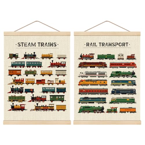 HKTZM Steam Trains Wooden Poster Hanger Frame 16x24 Inch,Vintage Train Locomotives Hanger Poster,Rail Transport Hanging Wall Art For Toddler Boy Room Playroom Nursery,Set Of 2