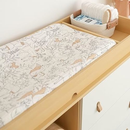 Crane Baby Woodland Quilted Changing Pad Cover, Animal Fox Print, Cotton Sateen, Secure Elastic Fit, Neutral Woodland Animal Nursery Decor for Boys and Girls, Diaper Changing Pad Cover