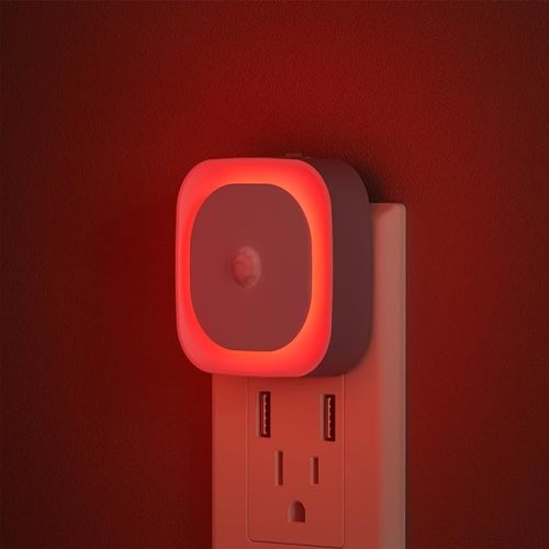 2 Pack Plug in Red Night Light with Motion Sensor & Dusk to Dawn Sensor, Soft Glow, 0% Blue Light, Dimmable, Auto On/Off, 3 in 1 LED Lights for Bedroom, Kids, Bathroom, Hallway