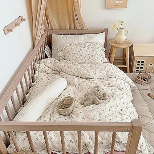 BuLuTu Beige Kids Toddler Baby Duvet Cover Girls Muslin Duvet Covers Floral Nursery Quilt Cover Gauze Bedding Coverlet, 47"x59", Crapemyrtle Print (No Pillowcases)