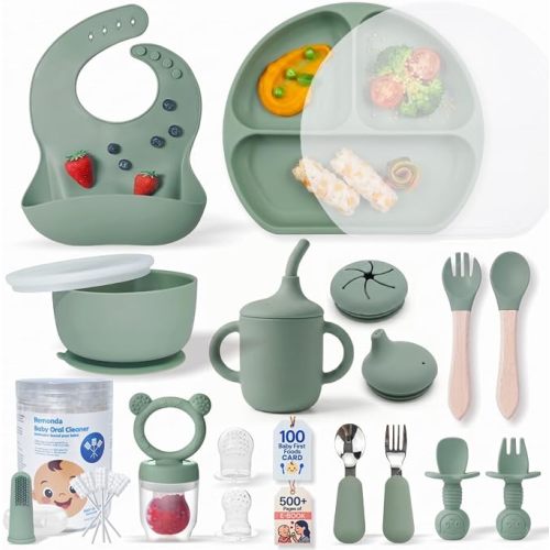 Remonda 17-Piece BPA-Free Baby Silicone Feeding Set | Extra Large Suction Plates, Toddler Bowls, Self Feeding Spoons, and More | Dishwasher Safe| Infant Led Weaning Supplies(Green)