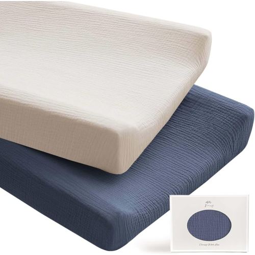 Konssy 2 Pack Muslin Changing Pad Covers for Boys, Ultra Soft & Breathable Cotton Baby Diaper Changing Table Covers, Neutral Nursery Diaper Changing Pad Sheets(Navy, Cream)