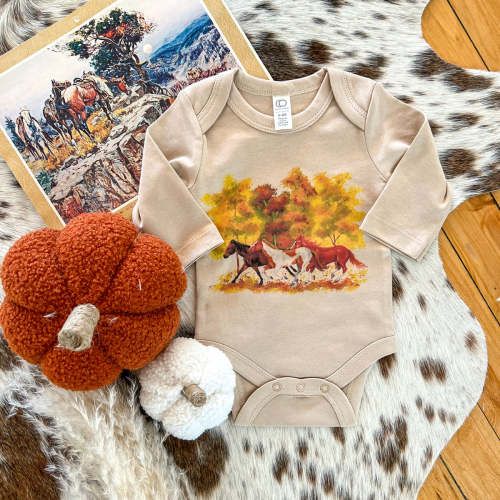 Fall Horses Longsleeve Onesie(little kid)(clay) – theFRINGEDpineapple