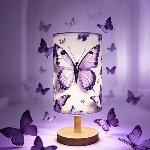 Butterfly Lamp Purple Desk for Kids Lamp,3 Colors Nightstand Light Lamp, Round Wood Base Flaxen Fabric Desk Lamp, Butterfly Light Gift for Gir (LED Bulb Included) (Butterfly)