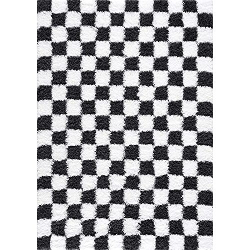 Hauteloom Marshmallow Contemporary Checkered Fluffy Shag Area Rug - Modern Geometric Carpet Tiles for Living Room, Kids Room, Nursery - Plush Pile - Black, White - 5'3" x 7'3"